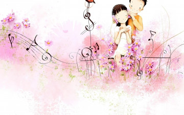 Картинка рисованное дети мальчик девочка цветы ноты