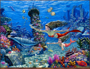 Картинка wil cormier the swimming lesson фэнтези русалки морское дно рыбы подводный мир дельфины кораллы арт