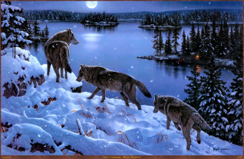 Картинка jerry gadamus moon shadows рисованные арт деревья снег озеро зима волки
