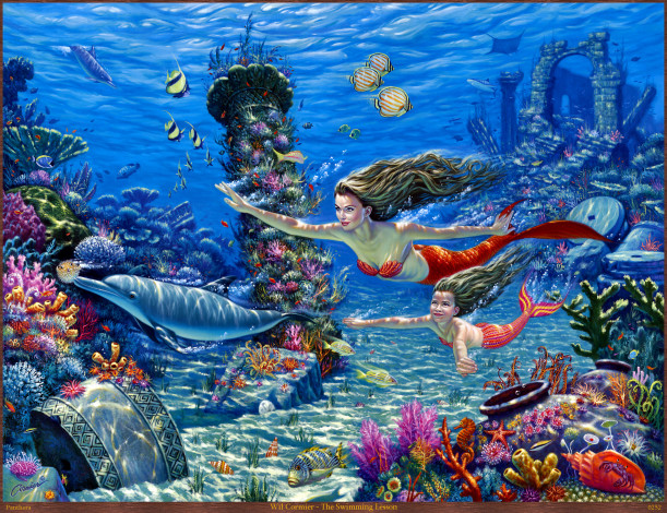 Обои картинки фото wil, cormier, the, swimming, lesson, фэнтези, русалки, морское, дно, рыбы, подводный, мир, дельфины, кораллы, арт
