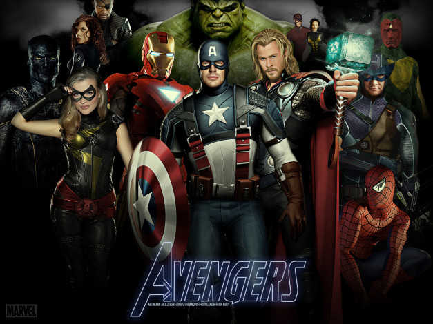 Обои картинки фото the, avengers, кино, фильмы, hulk, iron, man, black, widow, thor, captain, america