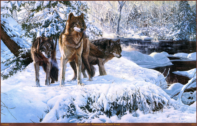 Обои картинки фото richard, luce, warriors, of, the, north, woods, рисованные, река, снег, волки, арт, лес, зима