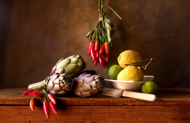 Обои картинки фото еда, натюрморт, нож, лайм, лимон, перец, артишок