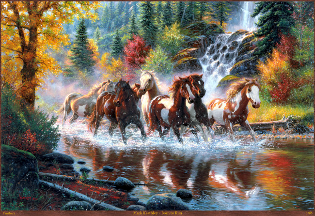 Обои картинки фото mark, keathley, born, to, run, рисованные, осень, лошади, лес, водопад, река, табун, кони, деревья, арт