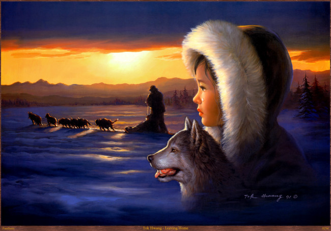 Обои картинки фото tok, hwang, leaving, home, рисованные, арт, зима, упряжка, собаки, девочка