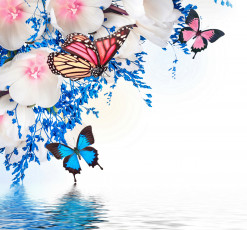 обоя разное, компьютерный дизайн, spring, blossom, tulips, purple, flowers, butterflies, reflection, water, весна, цветение, бабочки, тюльпаны, вода, отражение