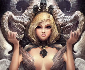 обоя фэнтези, ангелы, фантастика, девушка, ангел, крылья, рога, черепа, взгляд