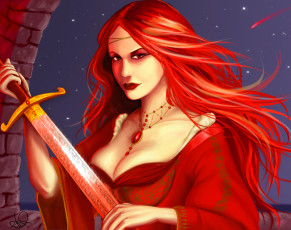 Картинка девушка фэнтези девушки меч красные волосы
