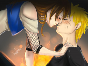 Картинка аниме naruto блондин парень поцелуй девушка наруто узумаки фан арт шатенка