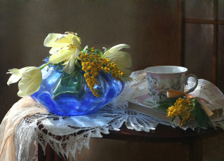 Картинка цветы разные+вместе чашка мимоза тюльпаны