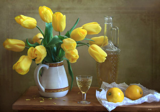 Картинка еда натюрморт тюльпаны наливка лимоны