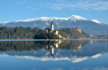 Картинка города блед+ словения церковь озеро