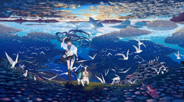 Картинка аниме vocaloid арт hpknight вокалоид hatsune miku девушка птицы собака шляпа фонарь море животные небо облака закат