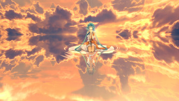 Картинка vocaloid аниме арт koto mutsu hatsune miku девушка небо облака отражение вокалоид вода закат солнце
