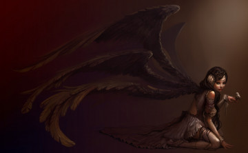 Картинка фэнтези ангелы фантастика арт ангел крылья девушка сидит взгляд лицо глаза платье руки птичка