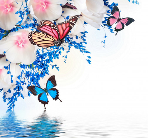 Обои картинки фото разное, компьютерный дизайн, spring, blossom, tulips, purple, flowers, butterflies, reflection, water, весна, цветение, бабочки, тюльпаны, вода, отражение