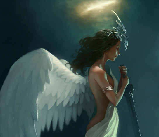 Обои картинки фото фэнтези, ангелы, девушка, ангел, крылья, нимб, меч, ткань, браслет, корона