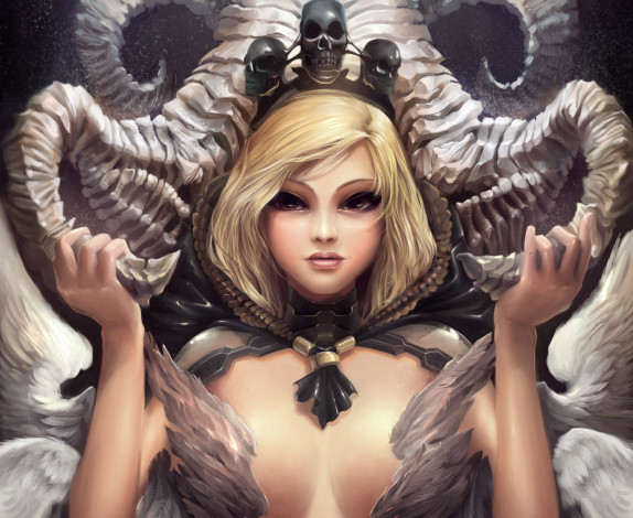 Обои картинки фото фэнтези, ангелы, фантастика, девушка, ангел, крылья, рога, черепа, взгляд