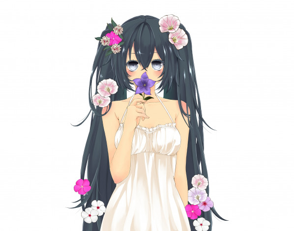 Обои картинки фото аниме, vocaloid, арт, kokankonkako, hatsune, miku, девушка, цветы, вокалоид, платье, волосы