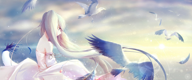 Обои картинки фото vocaloid, аниме, арт, holmesa, девушка, hatsune, miku, вокалоид, небо, облака, птицы, свет, кулон