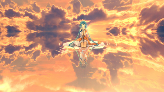 Обои картинки фото vocaloid, аниме, арт, koto, mutsu, hatsune, miku, девушка, небо, облака, отражение, вокалоид, вода, закат, солнце