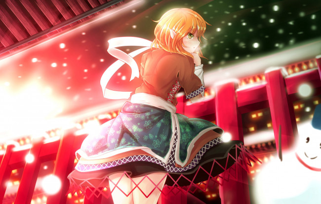Обои картинки фото аниме, touhou, взгляд, art, шарф, перила, снеговик, снег, стоит, юбка, блузка, девушка, mizuhashi, parsee, крыша