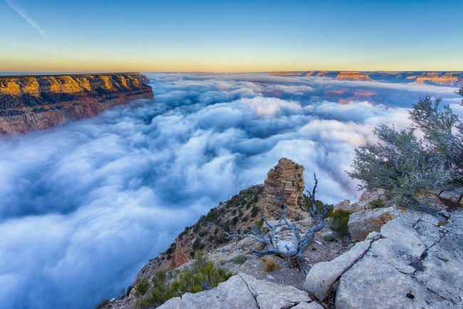 Обои картинки фото природа, горы, аризона, гранд, каньон, туман, утро, восход