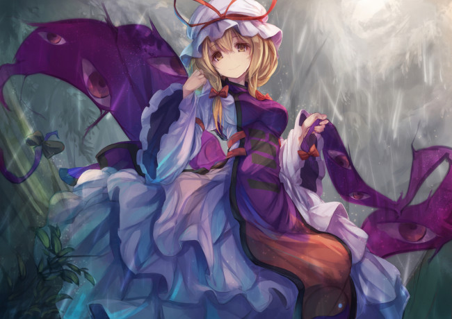 Обои картинки фото аниме, touhou, платье, шарф, yakumo, yukari, чепчик, глаза, арт, halmaro, девушка