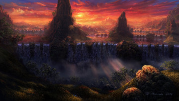 Картинка фэнтези пейзажи скалы пейзаж fel-x арт солнечные лучи тучи облака обрыв деревья закат водопады камни гора