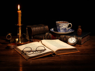 Картинка разное канцелярия +книги книги свеча часы чай
