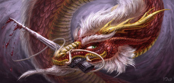 Картинка фэнтези драконы арт дракон взгляд рога оружие кровь