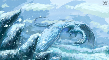 обоя фэнтези, драконы, фантастика, арт, дракон, ледяной, крылья, холод, зима, снег