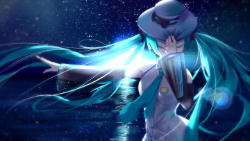 Картинка аниме vocaloid шляпа океан луна звезды небо ночь девушка hatsune miku арт
