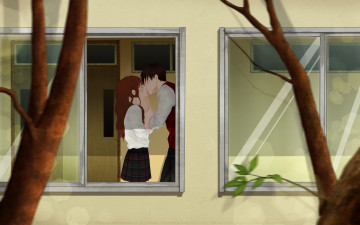Картинка аниме город +улицы +здания форма школьники деревья окно поцелуй пара двое парень девушка shireba shiruhodo monu-chan haruna arai арт