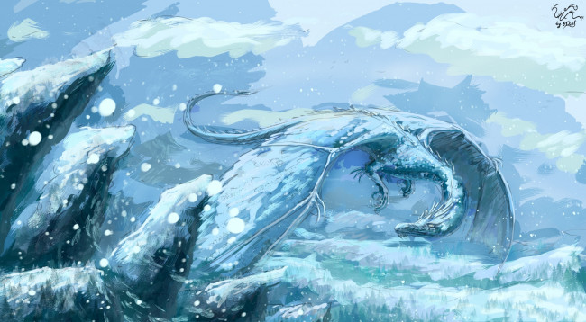 Обои картинки фото фэнтези, драконы, фантастика, арт, дракон, ледяной, крылья, холод, зима, снег