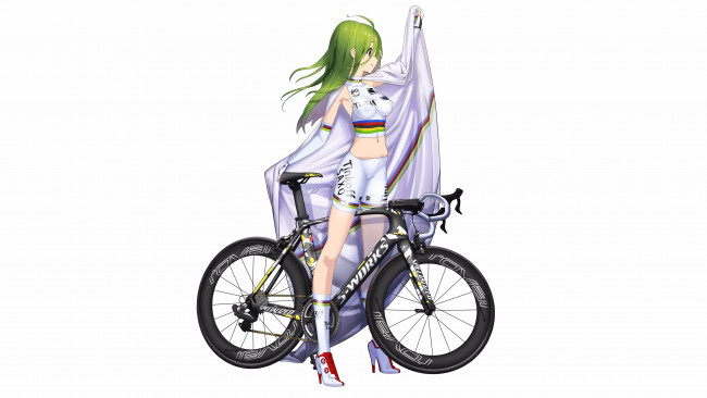 Обои картинки фото аниме, unknown,  другое, девушка, фон, велосипед, взгляд