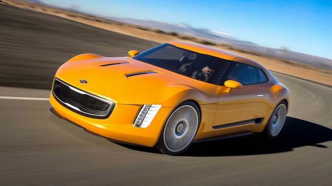 Обои картинки фото kia gt4 stinger concept 2014, автомобили, kia, gt4, stinger, concept, 2014, жёлтый, дорога, движение
