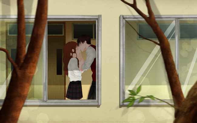 Обои картинки фото аниме, город,  улицы,  здания, форма, школьники, деревья, окно, поцелуй, пара, двое, парень, девушка, shireba, shiruhodo, monu-chan, haruna, arai, арт