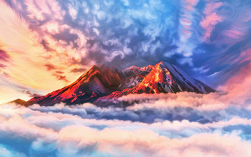 обоя рисованное, природа, горы, облака, закат, by, exobiology