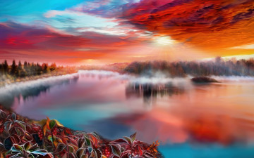Картинка рисованное природа туман деревья озеро by exobiology цветы закат небо