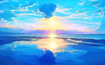 обоя рисованное, природа, закат, by, exobiology, небо, море