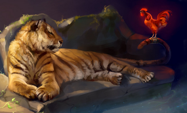 Обои картинки фото рисованное, животные,  тигры, тигр, by, salamandra-s, петух