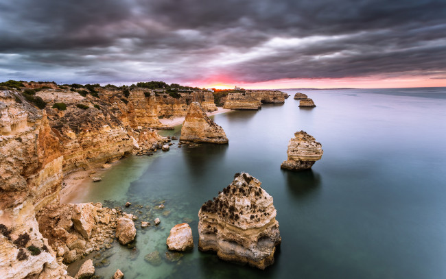 Обои картинки фото природа, побережье, sunrise, dawn, atlantic, ocean, rock, portuga, algarve