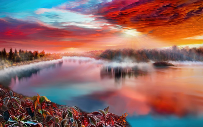 Обои картинки фото рисованное, природа, туман, деревья, озеро, by, exobiology, цветы, закат, небо