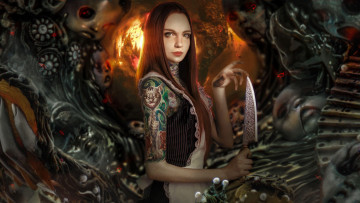 Картинка разное cosplay+ косплей девушка фон взгляд тату нож