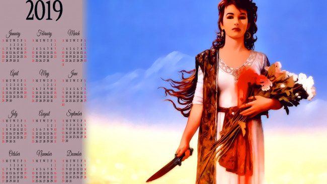Обои картинки фото календари, фэнтези, цветы, девушка, оружие