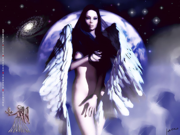 Обои картинки фото календари, фэнтези, ангел, крылья, девушка, обнаженная, планета, calendar, 2020