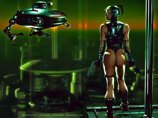 Обои картинки фото календари, фэнтези, девушка, оружие, робот, механизм, аппарат, будущее, calendar, 2020