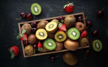 обоя еда, фрукты,  ягоды, киви, клубника, черешня