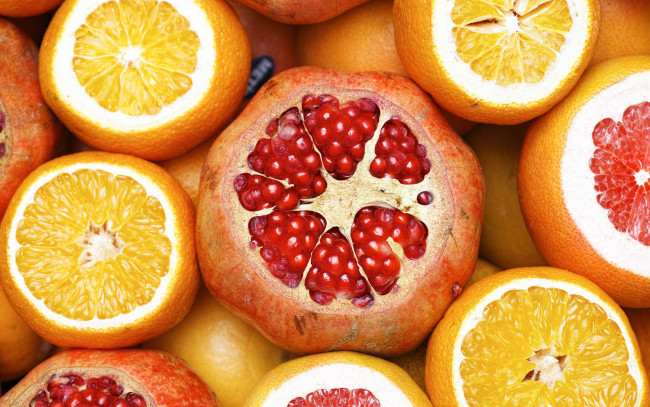 Обои картинки фото еда, фрукты,  ягоды, гранат, апельсин